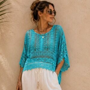 Chicos Turquoise Blue Crochet Lace Cotton Top Half Sleeve Scalloped Hem Small